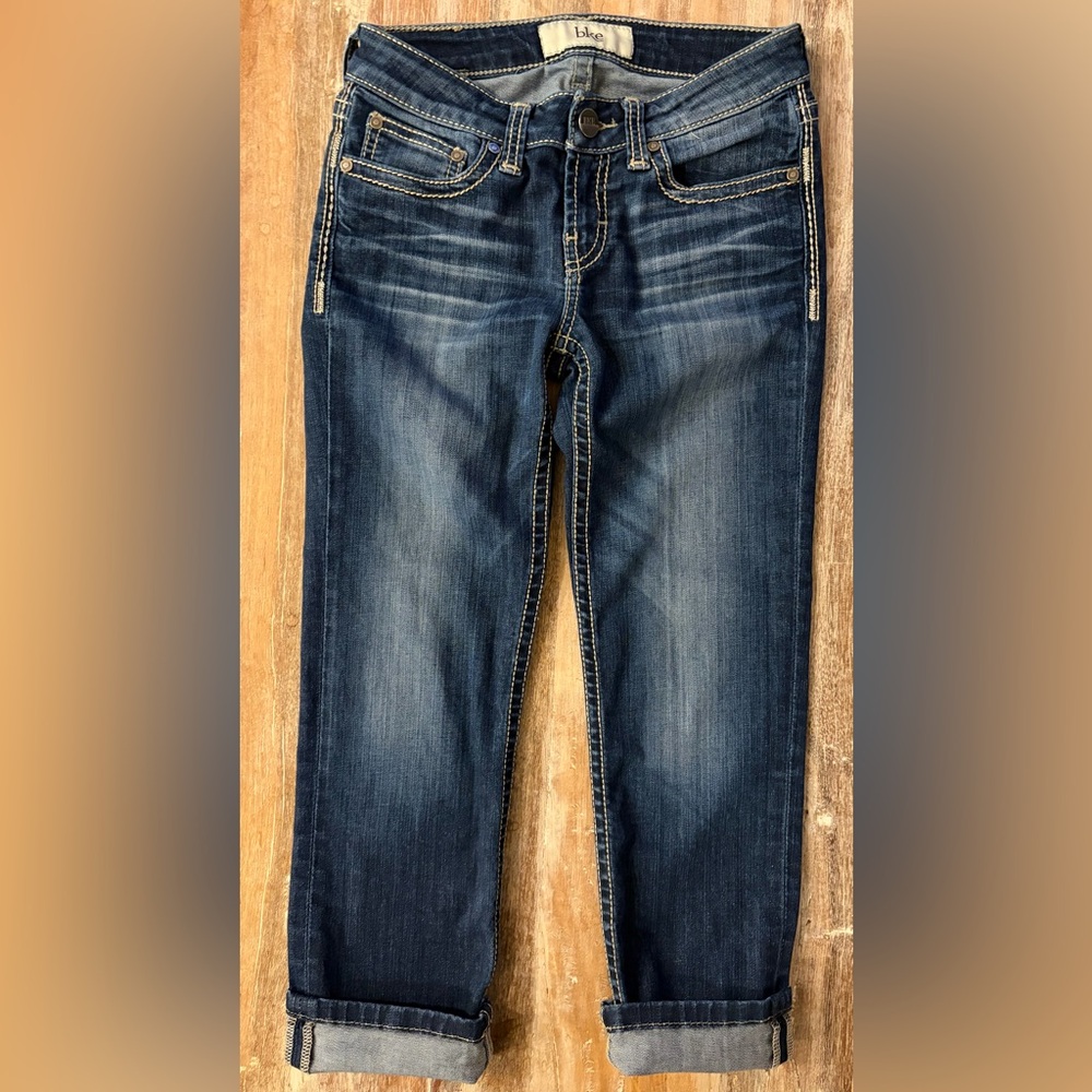 BKE GIRLS Adelyn‎ Crop Stretch Jeans Dark Wash Distressed Cuffed Size 14 Youth